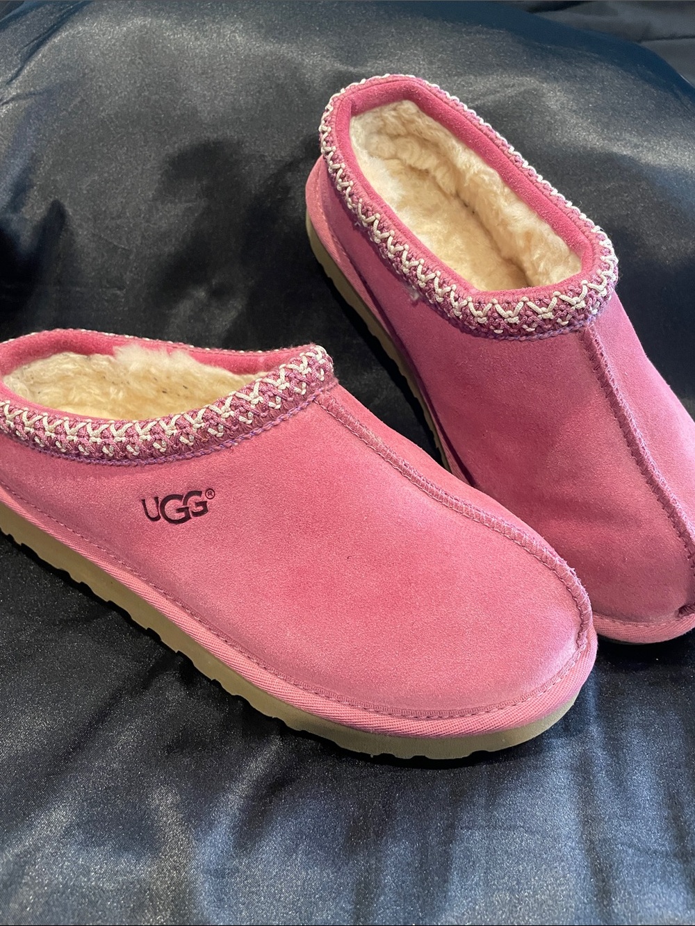 UGG Pink Suede Shearling-Lined Slide Slippers